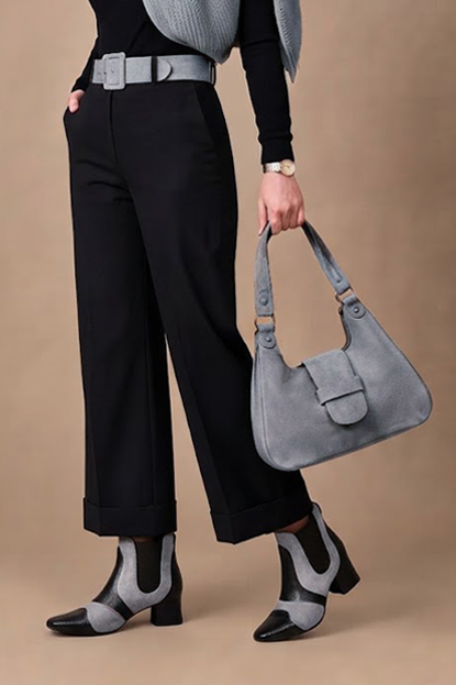 Dress ankle boots side elastics in satin black, mouse grey and matt black leather with low flare heels and round toe -Worn view